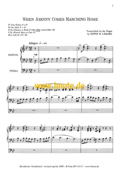 When Johnny comes marching home - Paraphrase für Orgel