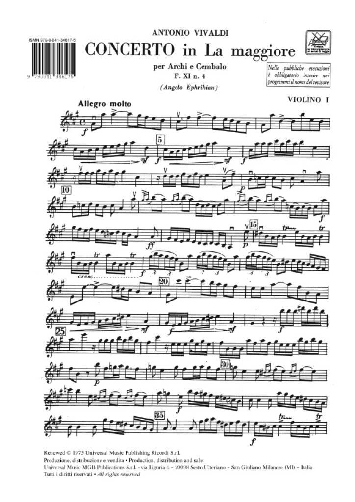 Concerto A-Dur RV 158 (F XI / 4; T 8; op. 30 / 1; P 235) für Streicher und BC